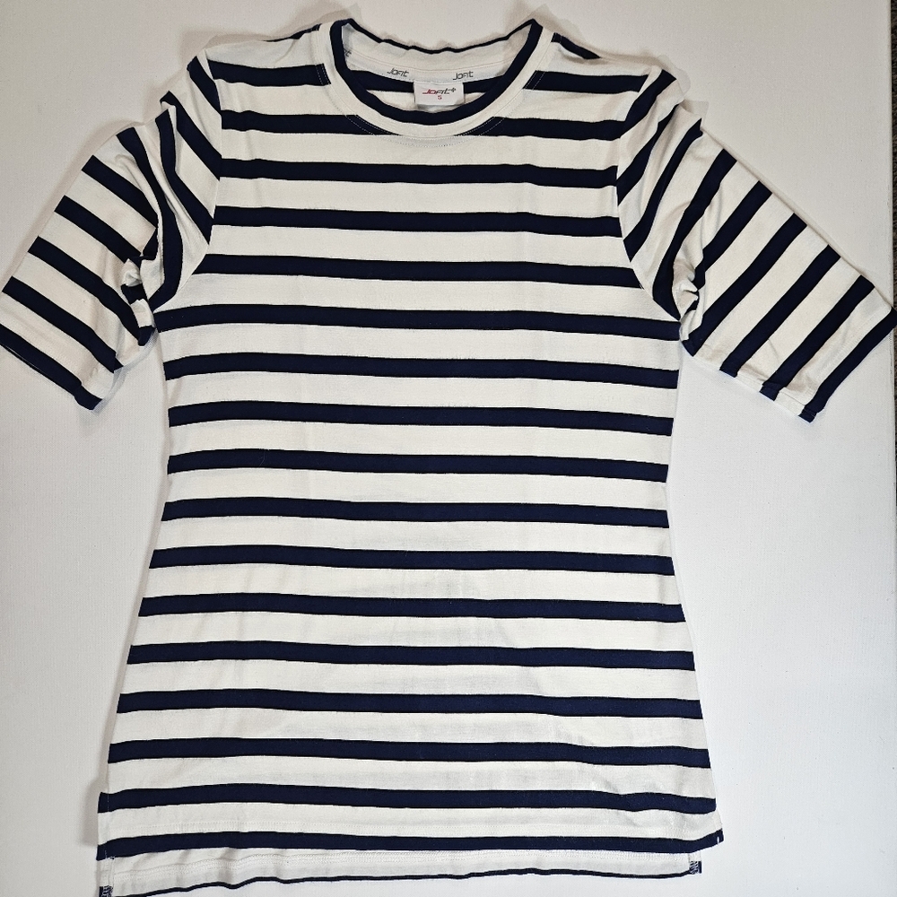 Jofit Top Womens Small Blue White Nautical Stripe‎ Half Sleeve Athleisure Preppy